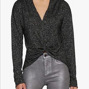 Sanctuary black  Glitter Twisted Front Long Sleeve V Neck Blouse Party Top L